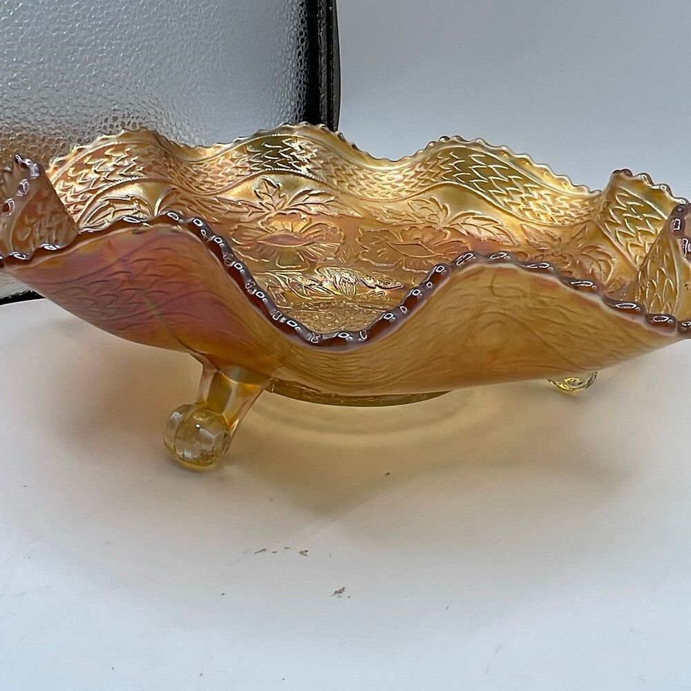 Fenton orange tree Marigold large footed Carnival glass bowl.